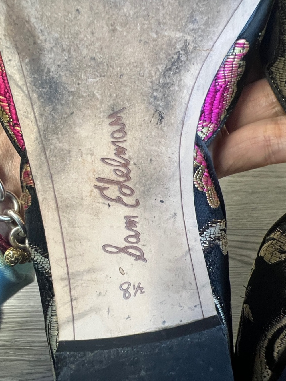 Sam Edelman Black Pointed D'Orsay Flats with Pink and Gold Floral Embroidery - Picture 9 of 12